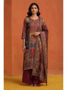 HERITAGE - Maroon Embroidered Round Neck Kurta with Palazzo and Dupatta