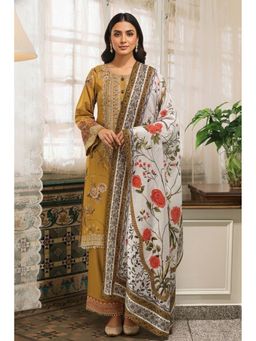 HERITAGE - Mustard Embroidered Round Neck Kurta with Palazzo and Dupatta