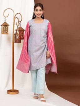 Kidar - Grey Floral Round Neck Kurta with Pant and Dupatta