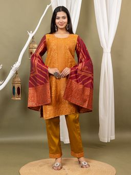 Kidar - Mustard Floral Round Neck Kurta with Pant and Dupatta