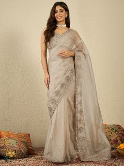 INDDUS - Women Embroidered Beige Saree with Unstitched Blouse