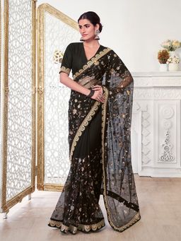 INDDUS - Women Embroidered Black Saree with Unstitched Blouse