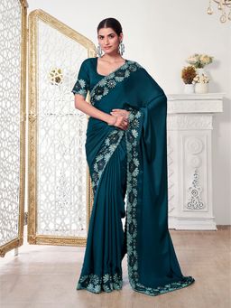 INDDUS - Women Embroidered Teal Saree with Unstitched Blouse