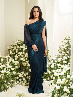 INDDUS - Women Embellished Navy Blue Saree with Unstitched Blouse and Belt