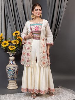 Kidar - Off White Embroidered Boat Neck Top with Sharara and Shrug