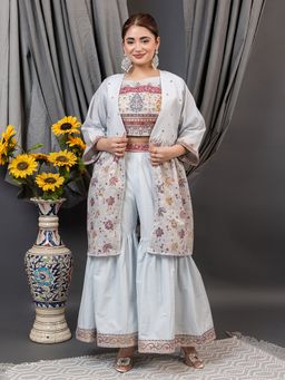 Kidar - Blue Embroidered Boat Neck Top with Sharara and Shrug