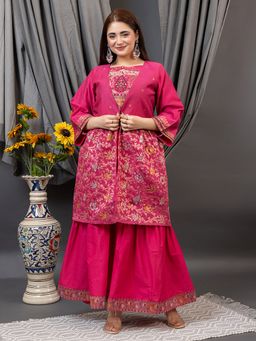 Kidar - Pink Embroidered Boat Neck Top with Sharara and Shrug
