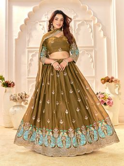PURVAJA - Embroidered Silk Olive Stitched Lehenga with Unstitched Blouse and Dupatta