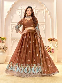 PURVAJA - Embroidered Silk Brown Stitched Lehenga with Unstitched Blouse and Dupatta