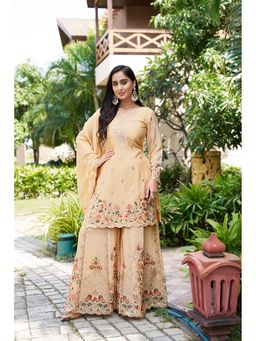 Miss Ethnik - Miss Ethnic Cream Embroidered Round Neck Kurta with Palazzo and Dupatta