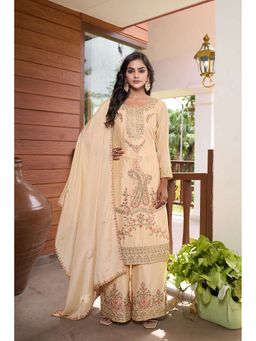 Miss Ethnik - Miss Ethnic Cream Embroidered Round Neck Kurta with Palazzo and Dupatta