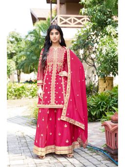 Miss Ethnik - Miss Ethnic Pink Embroidered Round Neck Kurta with Palazzo and Dupatta