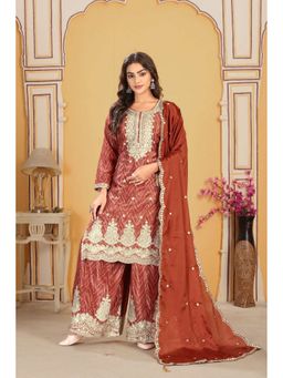 Miss Ethnik - Miss Ethnic Rust Embroidered Round Neck Kurta with Palazzo and Dupatta