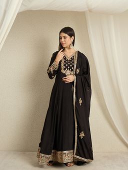 Miss Ethnik - Women Embroidered Black Gown with Dupatta