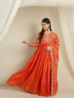 Miss Ethnik - Women Embroidered Orange Gown with Dupatta