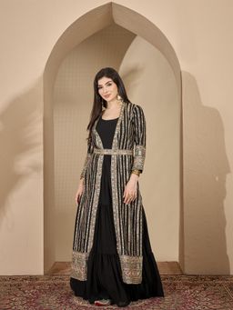 Miss Ethnik - Miss Ethnic Women Embroidered Black Gown with Jacket