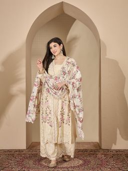 Miss Ethnik - Miss Ethnic Cream Embroidered V-Neck Kurta with Palazzo and Dupatta