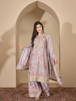 Miss Ethnik - Miss Ethnic Grey Embroidered Round Neck Kurta with Palazzo and Dupatta