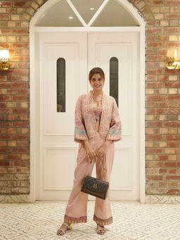 Kidar - Pink Embroidered Square Neck Top with Pant and Jacket