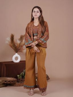 Kidar - Brown Embroidered Square Neck Top with Pant and Jacket