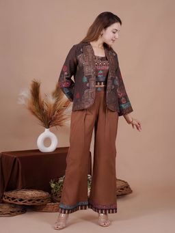 Kidar - Brown Embroidered Square Neck Top with Pant and Jacket