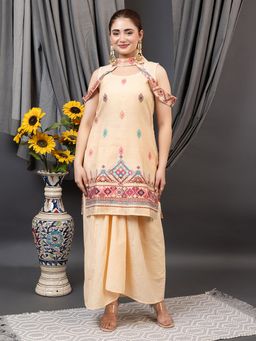Kidar - Cream Embroidered Round Neck Kurta with Palazzo