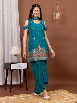 Kidar - Teal Embroidered Round Neck Kurta with Palazzo