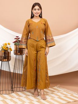 Kidar - Mustard Self Design V-Neck Top with Palazzo