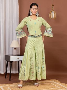 Kidar - Green Self Design V-Neck Top with Palazzo