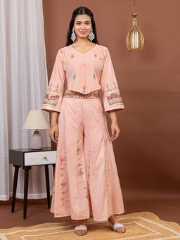 Kidar - Peach Self Design V-Neck Top with Palazzo
