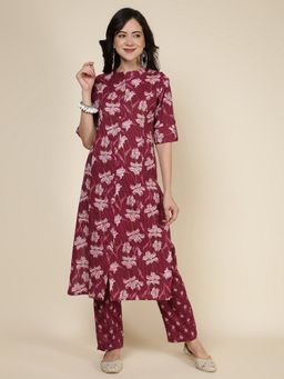 MEENA BAZAAR - Wine Floral Mandarin Neck Kurta with Pant