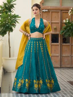 PURVAJA - Art Silk Blue Stitched Lehenga and Unstitched Blouse with Dupatta