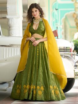 PURVAJA - Art Silk Olive Stitched Lehenga and Unstitched Blouse with Dupatta