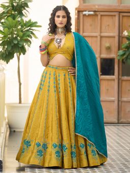 PURVAJA - Art Silk Yellow Stitched Lehenga and Unstitched Blouse with Dupatta