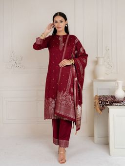 Safaa - Woven Maroon Unstitched Kurta with Unstitched Bottom and Dupatta