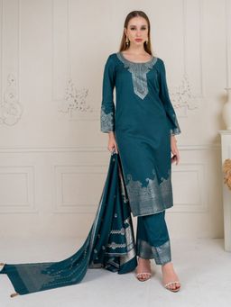Safaa - Woven Blue Unstitched Kurta with Unstitched Bottom and Dupatta