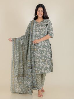 ARAMYA - Green Floral Round Neck Kurta with Pant and Dupatta