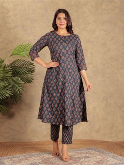ARAMYA - Blue Floral Round Neck Kurta with Pant