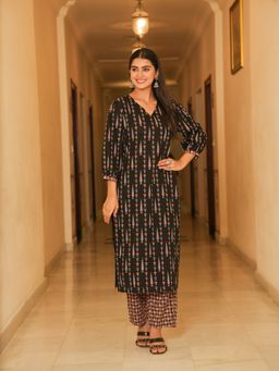 ARAMYA - Black Floral V-Neck Kurta with Pant