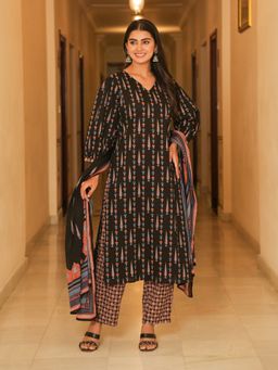 ARAMYA - Black Floral V-Neck Kurta with Pant and Dupatta