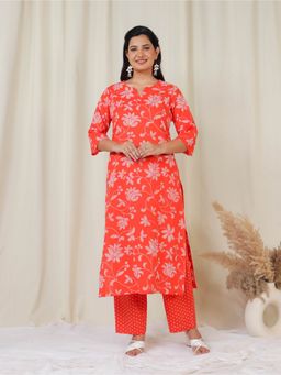 ARAMYA - Orange Floral Round Neck Kurta with Pant