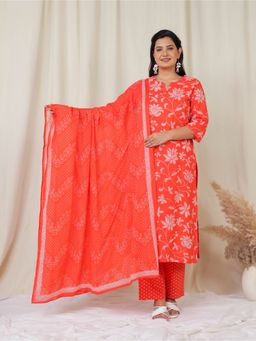 ARAMYA - Orange Floral Round Neck Kurta with Pant and Dupatta