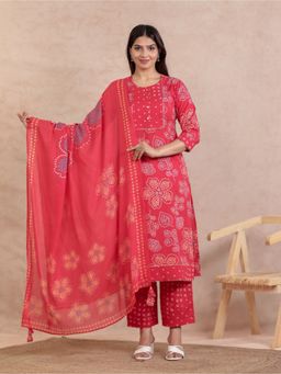 ARAMYA - Red Floral Round Neck Kurta with Pant and Dupatta