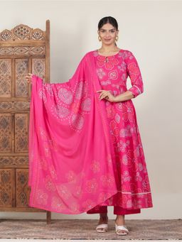 ARAMYA - Pink Floral Round Neck Anarkali Kurta with Pant and Dupatta