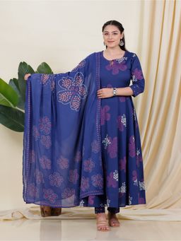 ARAMYA - Blue Floral Round Neck Anarkali Kurta with Pant and Dupatta