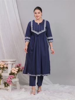 ARAMYA - Blue Printed Round Neck Kurta with Pant