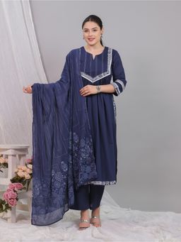 ARAMYA - Blue Printed Round Neck Kurta with Pant and Dupatta