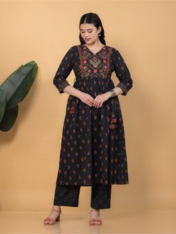 ARAMYA - Black Floral V-Neck Anarkali Kurta with Pant