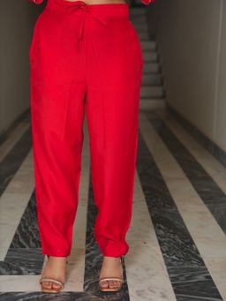 ARAMYA - Women Roman Silk Solid Red Pant