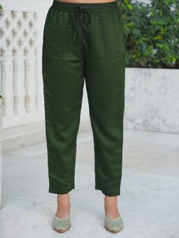 ARAMYA - Women Poly Silk Solid Green Pant